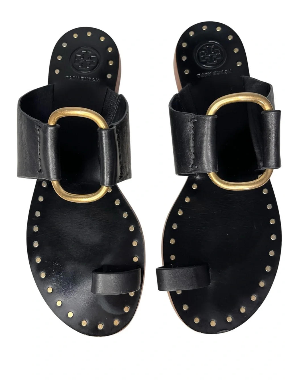 Tory Burch Ravello Black Leather Toe Ring Gold-Tone Studded Sandals Sz 8